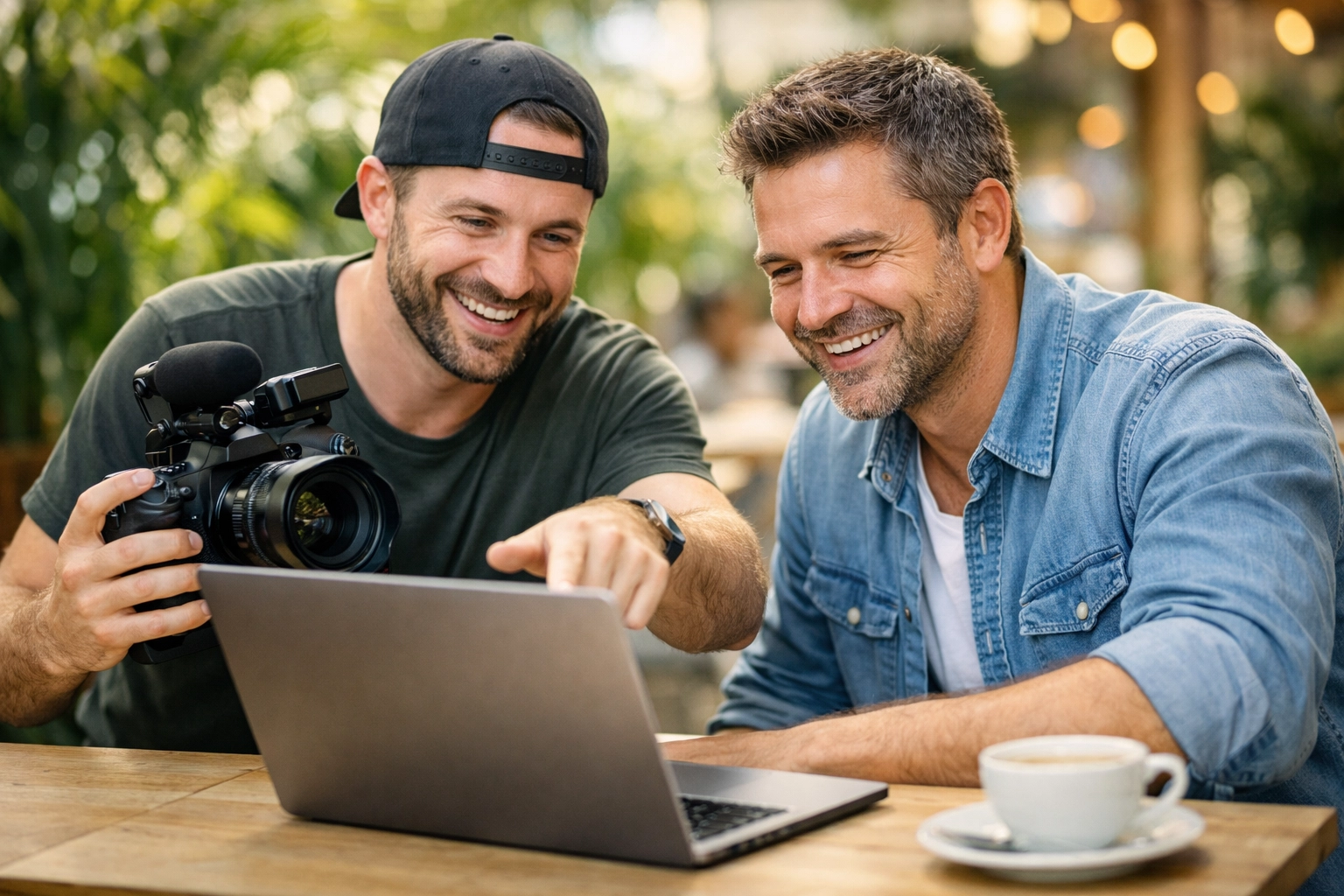 A freelance videographer and client reviewing footage together to build professional trust.