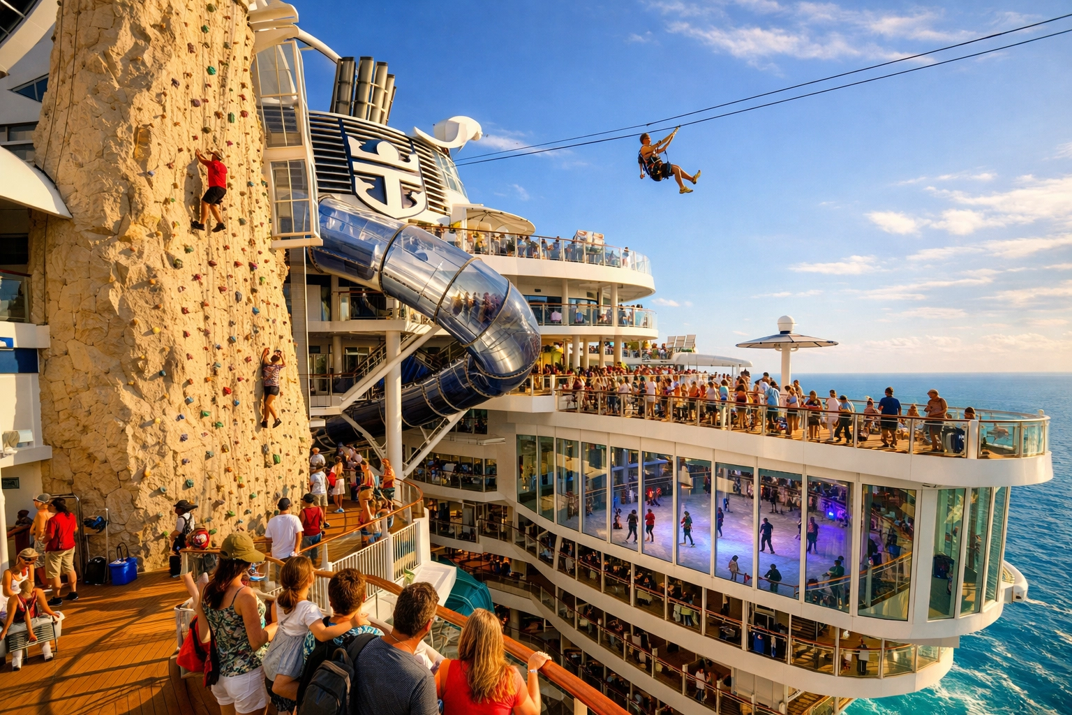 Royal Caribbean cruise ship features including rock climbing wall and water slides for families