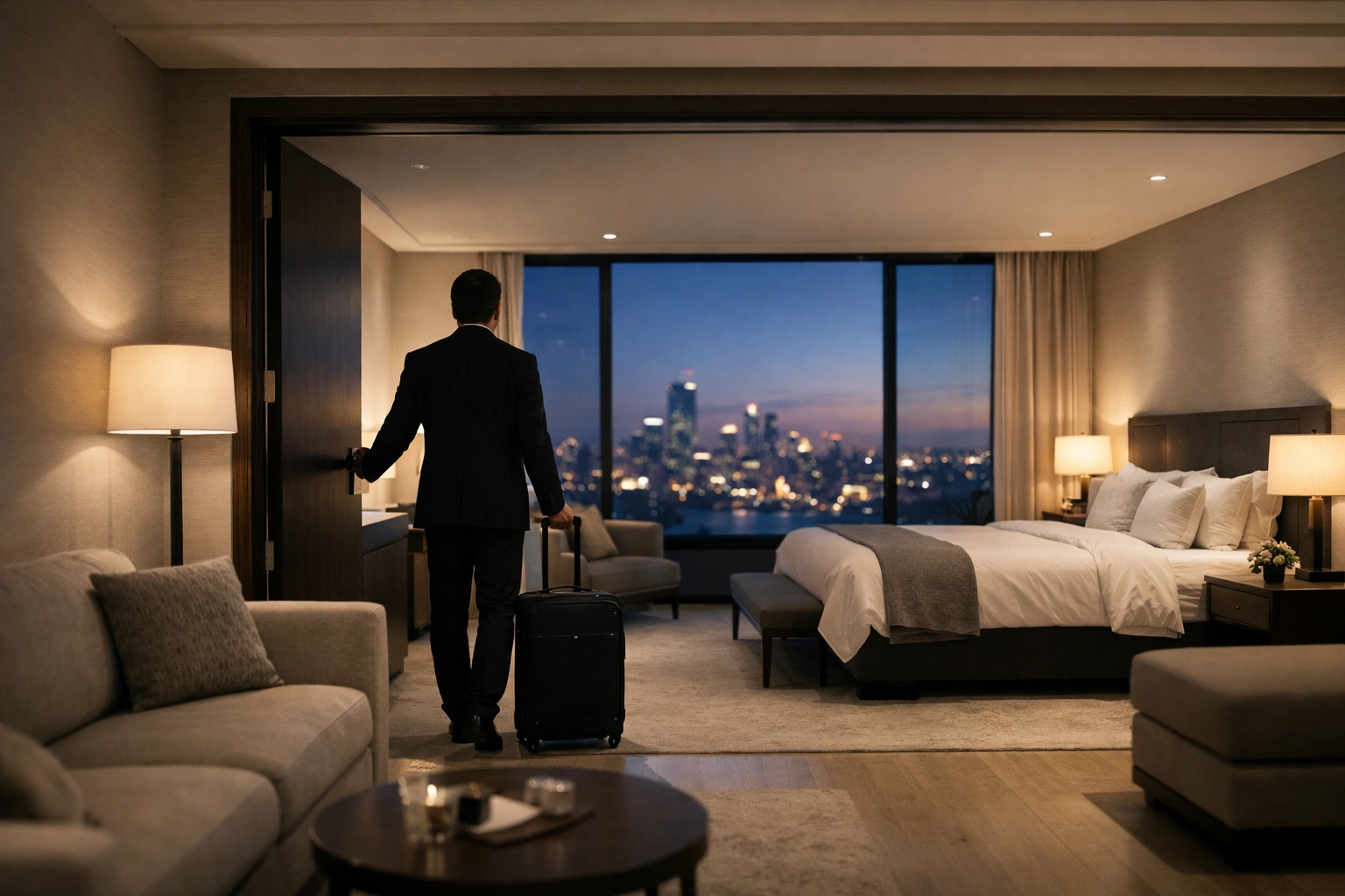 A luxury hotel room at twilight representing the future of high-tech guest experiences.