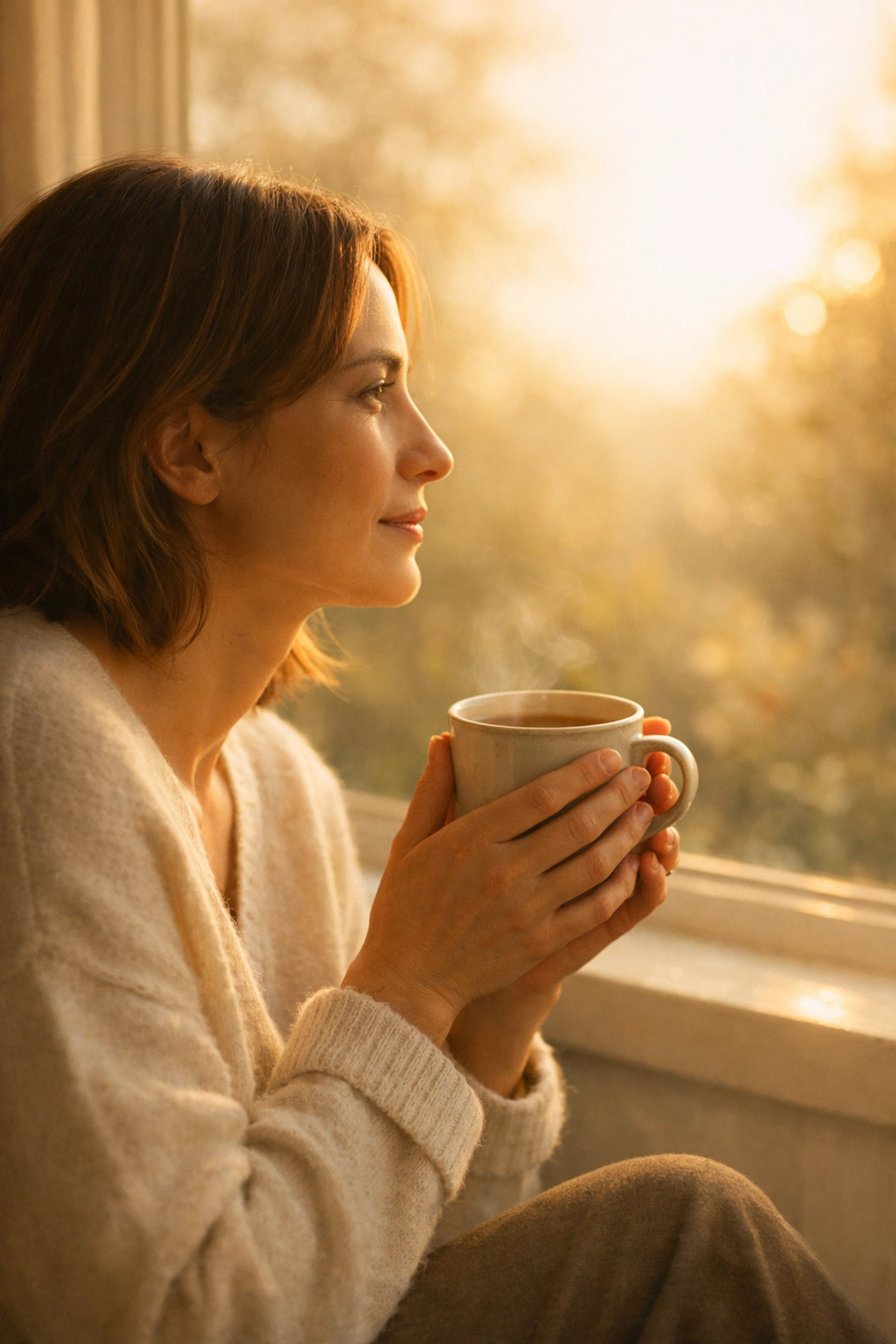 Person reflecting by window with tea, experiencing anxiety symptoms and worry