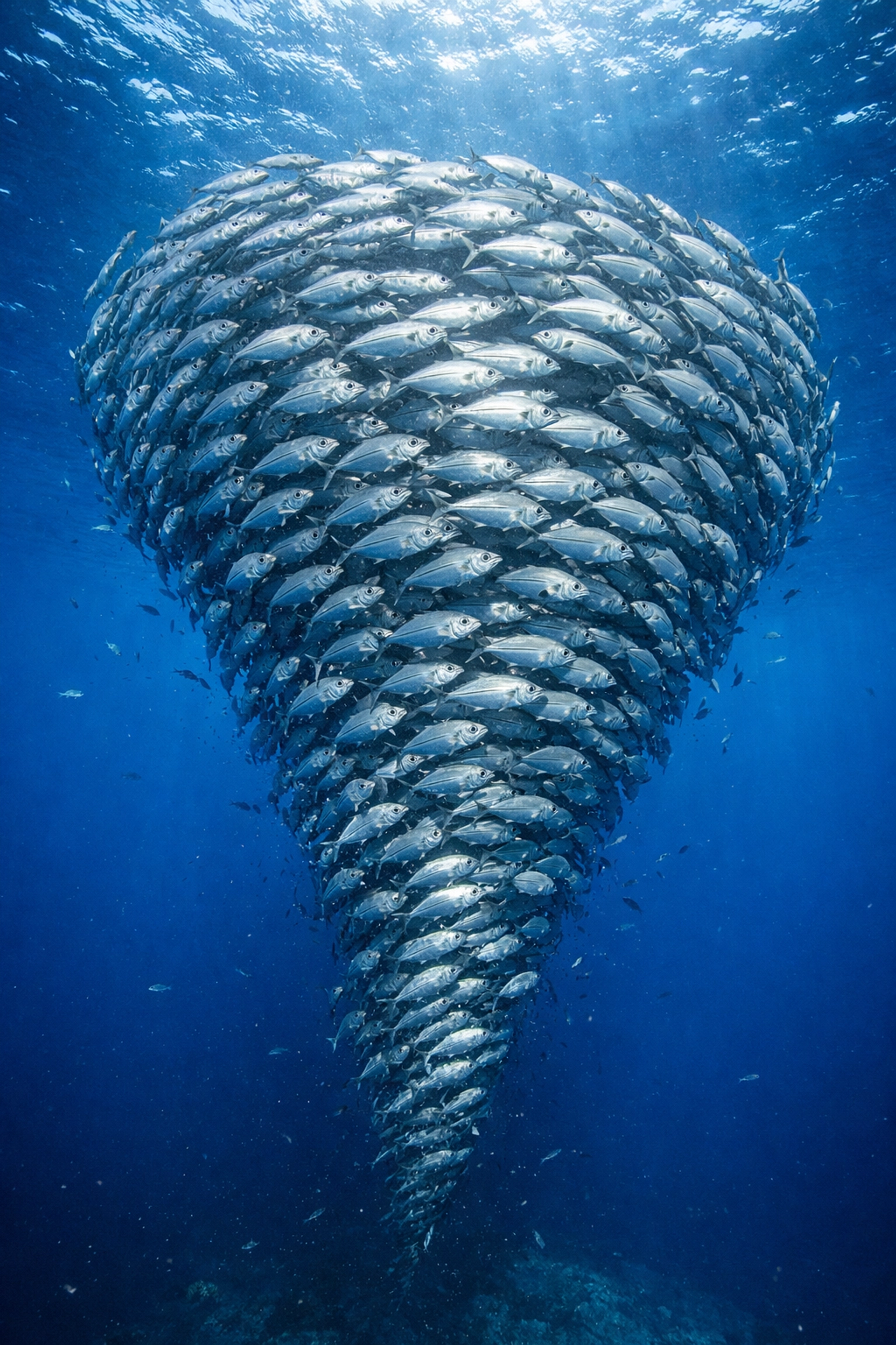 School of silver Bigeye Trevally swimming in the deep blue ocean to highlight marine biodiversity.
