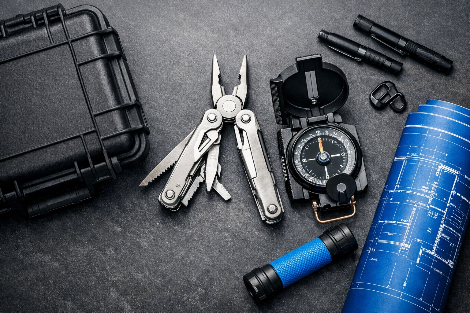 Tactical gear and compass on a workbench, representing the strategic Warrior-Steward blueprint for wealth management.
