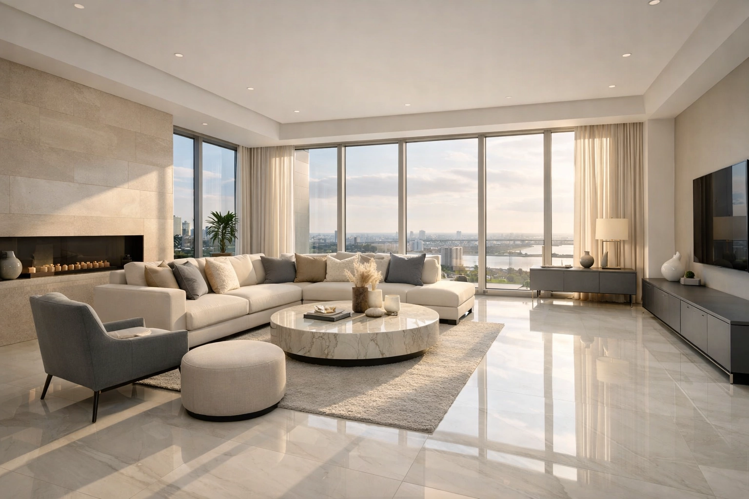 Pristine modern living room with polished marble floors maintained by a professional cleaning schedule.