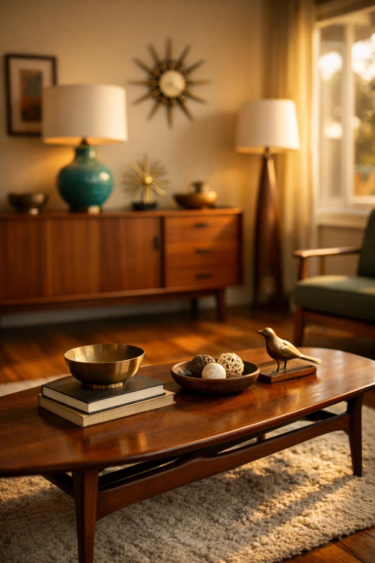 Mid-century modern living room with vintage teak furniture and collectibles