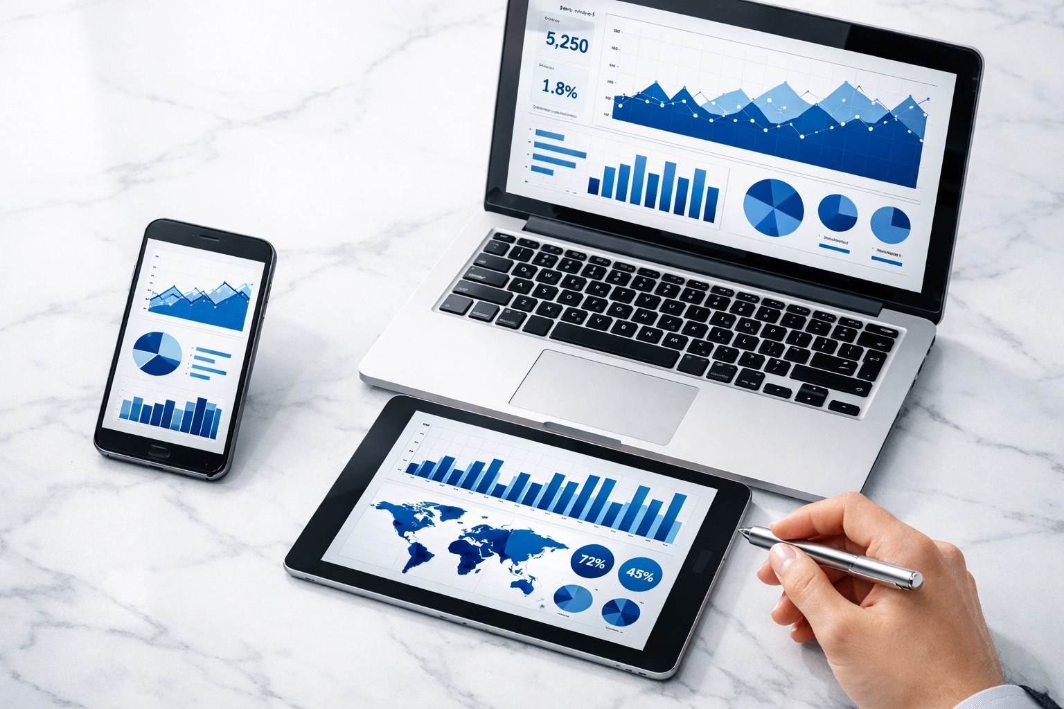 Sleek devices on a white desk displaying omnichannel data and analytics from AI customer service providers.
