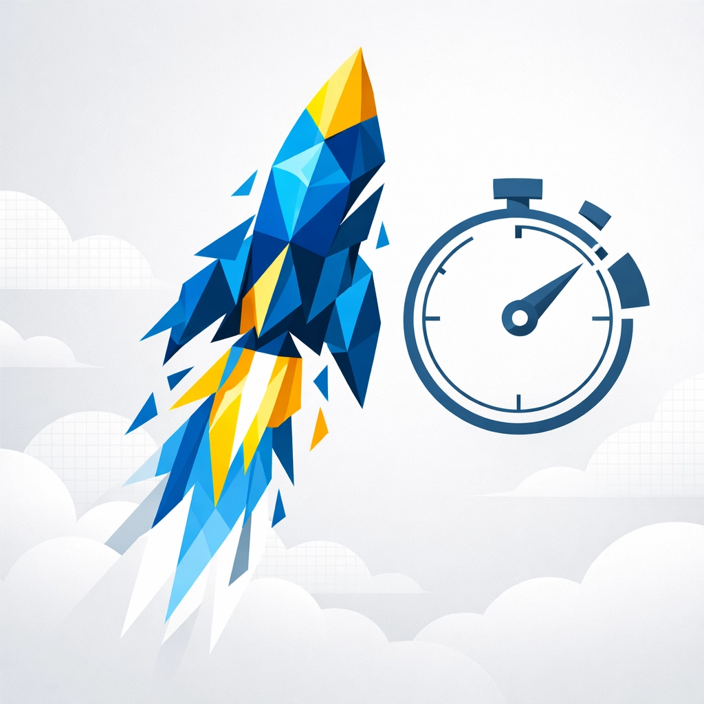Abstract rocket and stopwatch icon symbolizing small business efficiency through AI workflow automation.