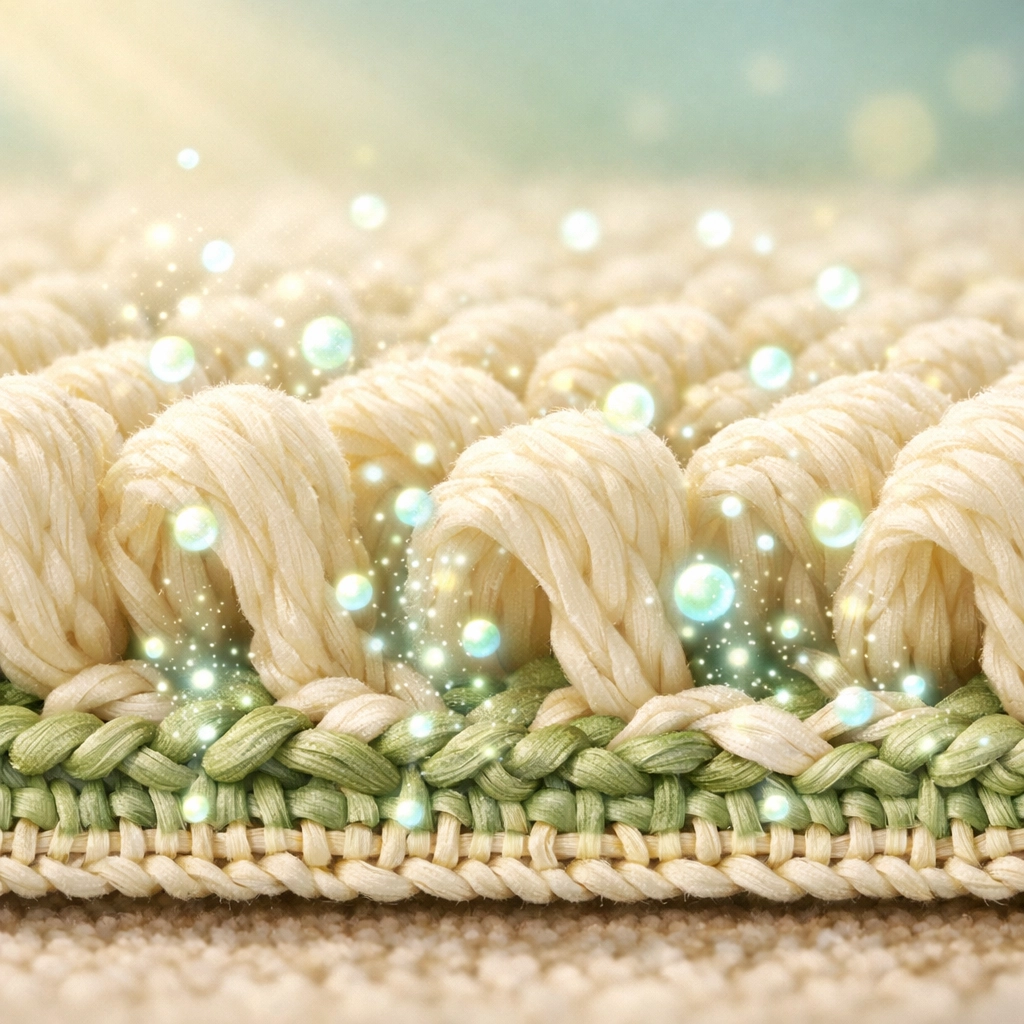 Close-up of carpet fibers showing PFAS chemical particles settling into carpet texture