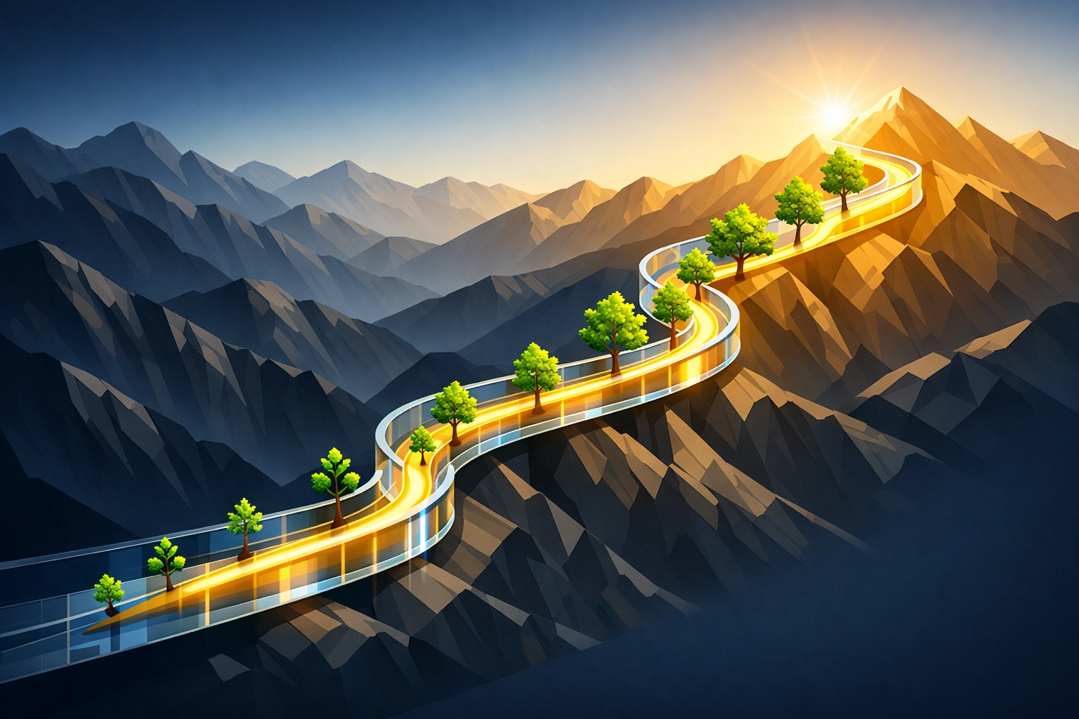 Rising golden path through mountains symbolizing financial resilience and long-term market growth for stewardship.