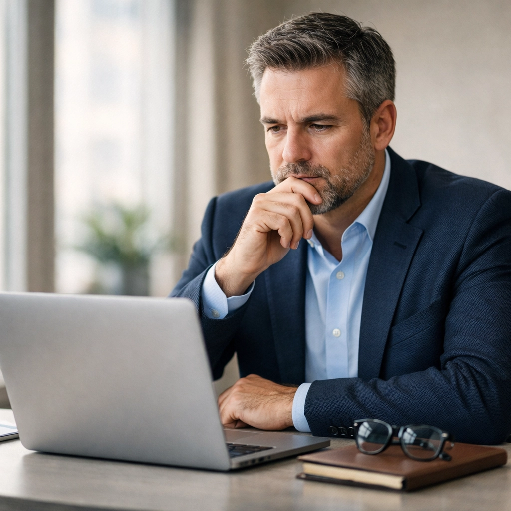 A Mississippi business owner focusing on daily operations in a professional office setting.