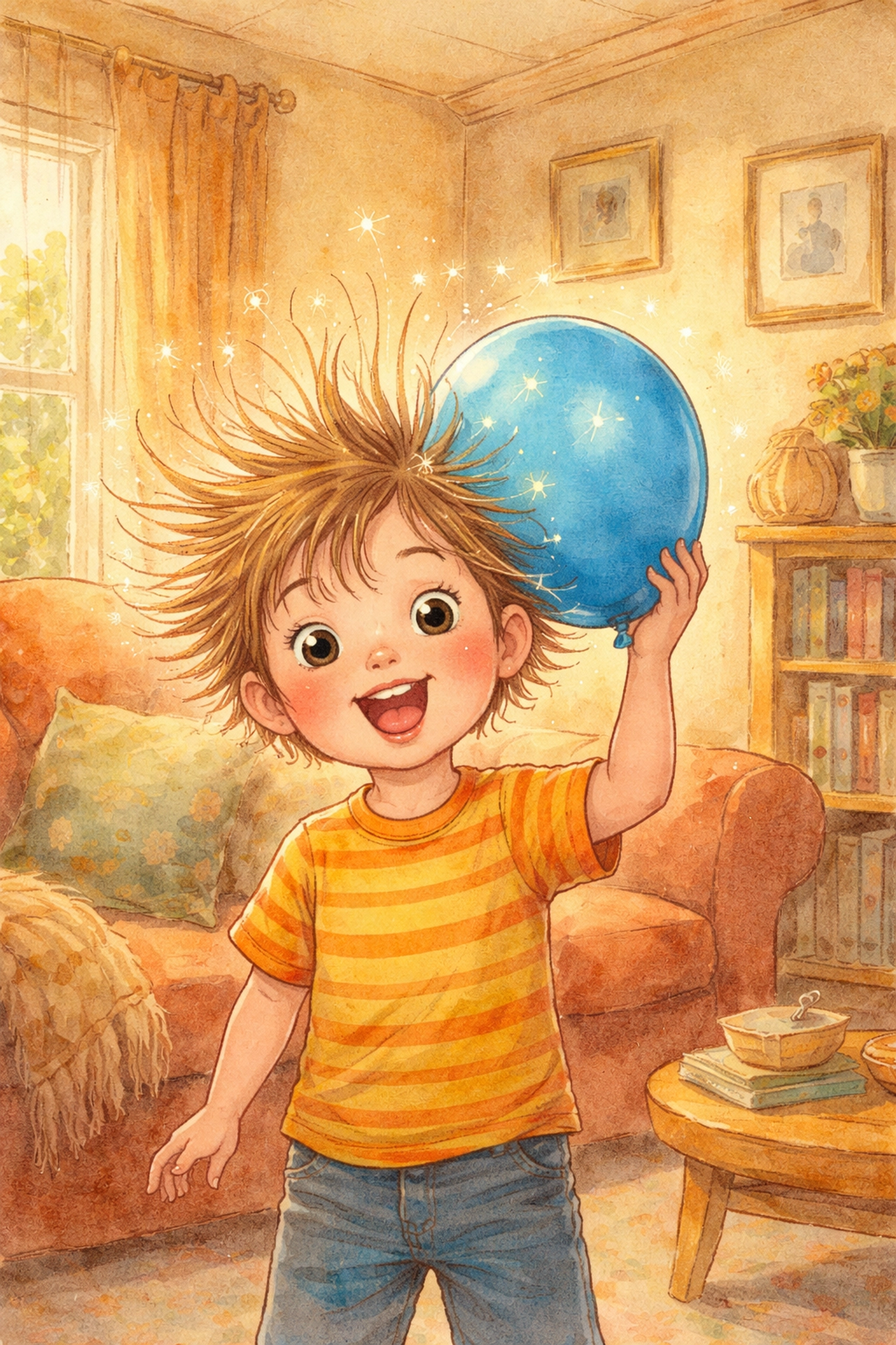 Child with static hair holds blue balloon against head in living room, demonstrating static electricity for kids.