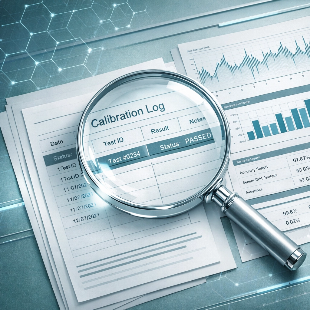 A magnifying glass inspecting breathalyzer calibration logs for accuracy in a DUI legal defense.