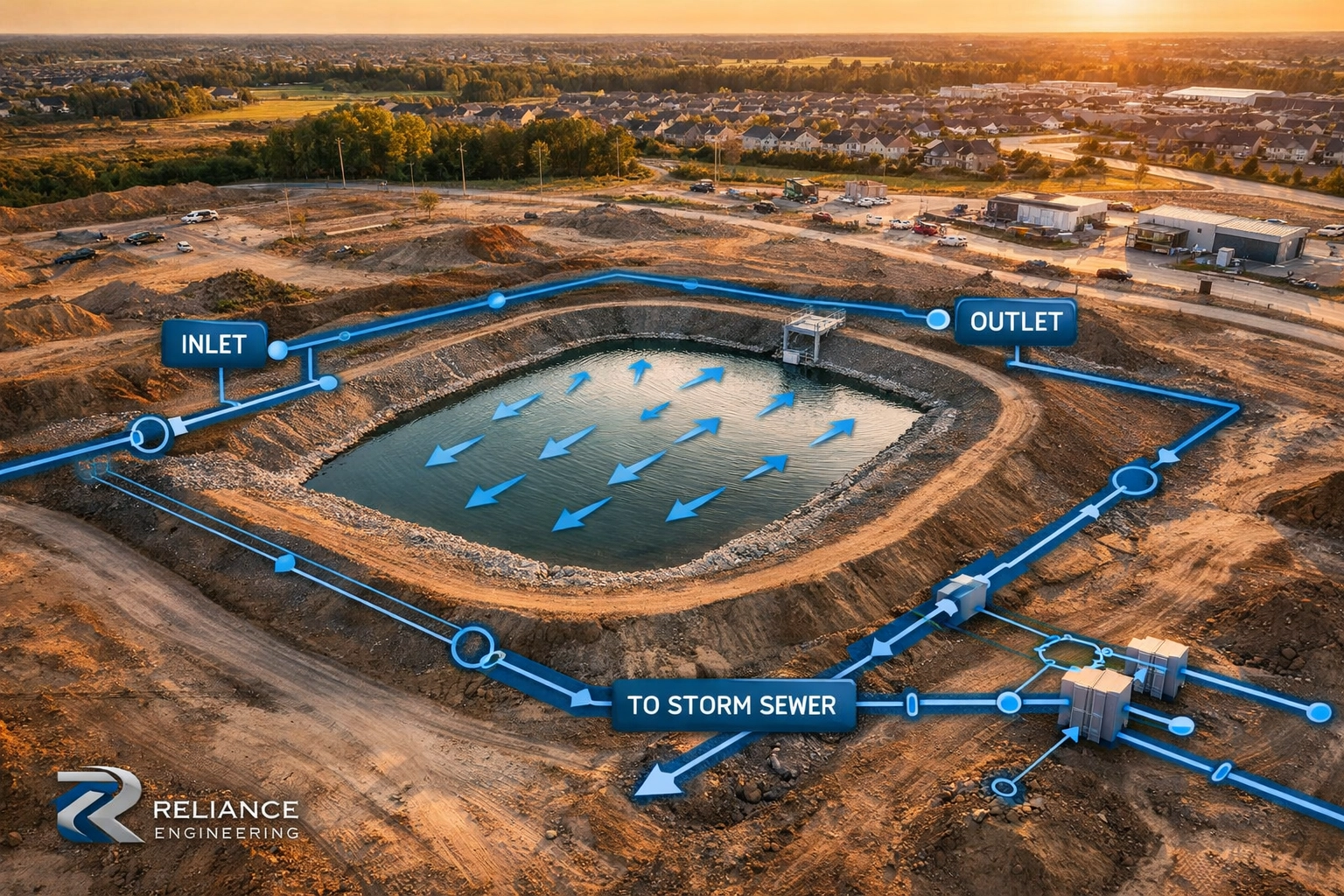Stormwater management pond and drainage infrastructure at an Ontario land development construction site.