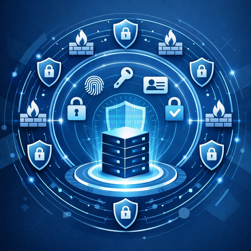 Layered cybersecurity defense strategy with firewall protection and secure data servers