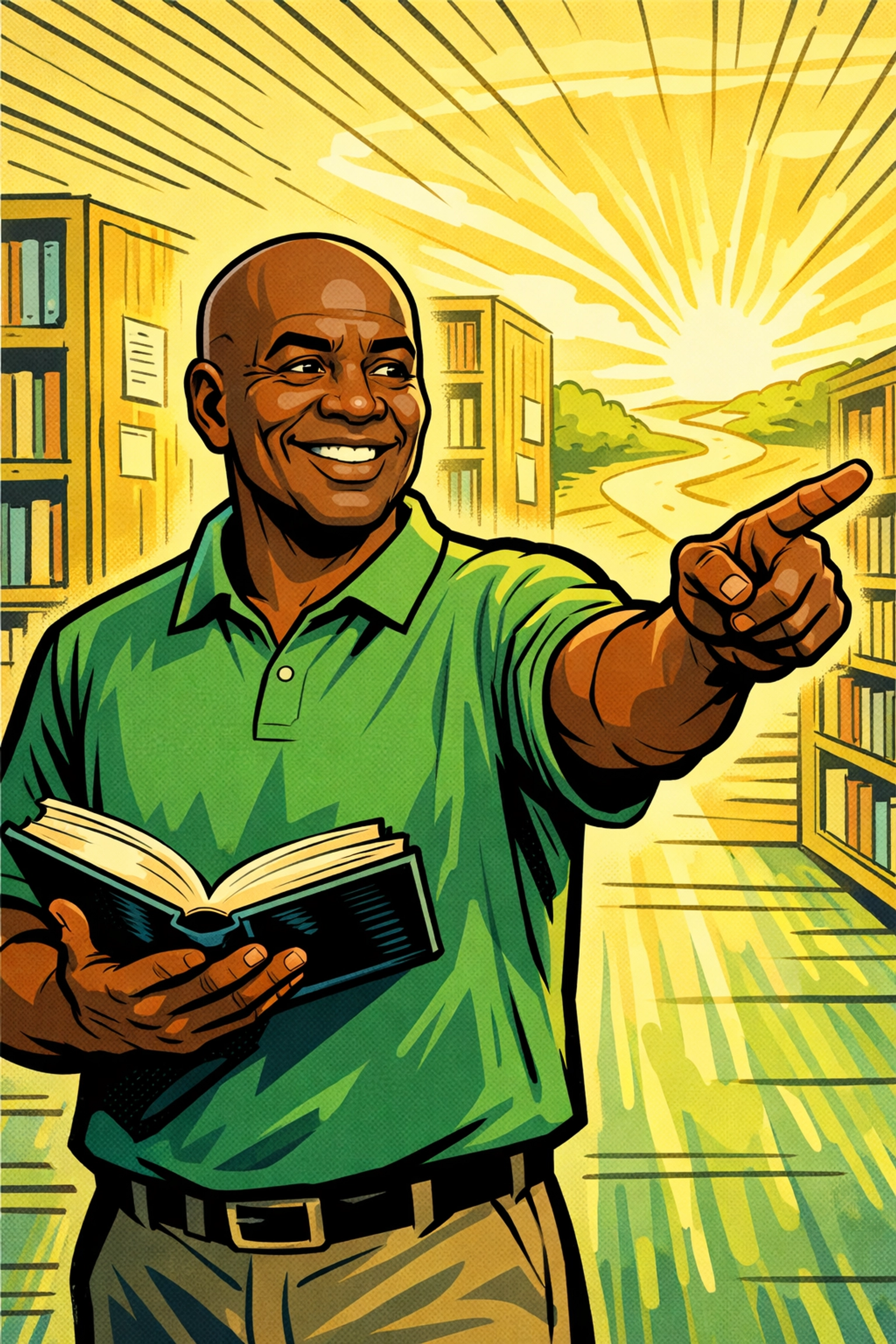 Professor Antonio CRC character holding a book and guiding young men toward wisdom and prudence.