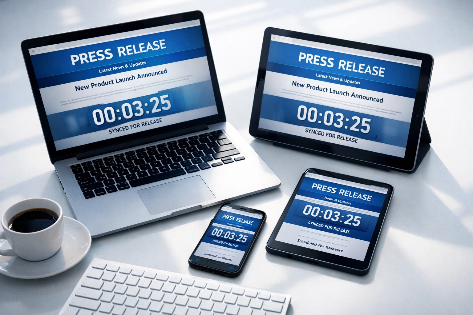 Synchronized devices displaying automated press release distribution across multiple platforms