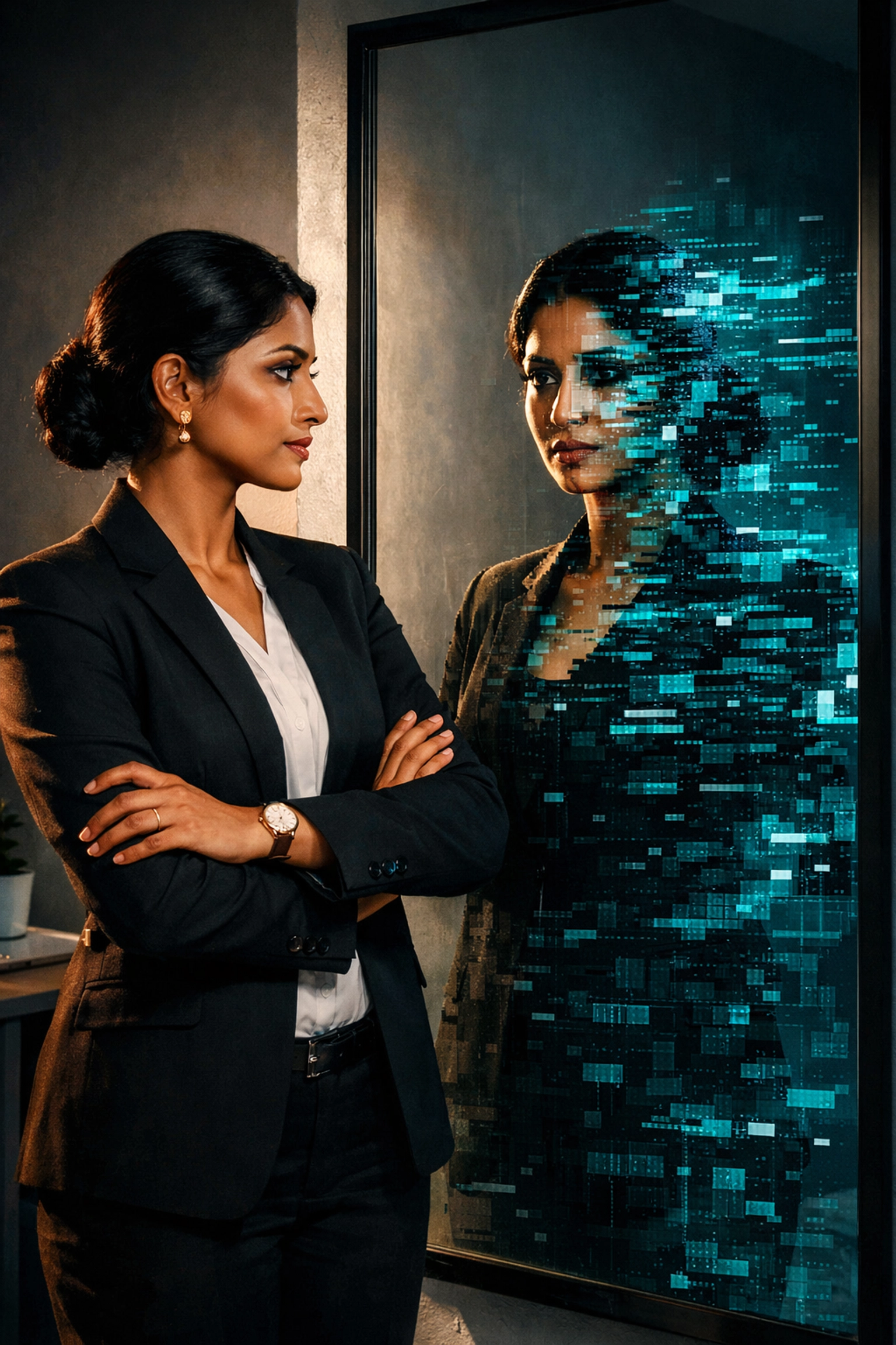 Executive facing mirror with fragmented digital reflection showing leadership identity crisis
