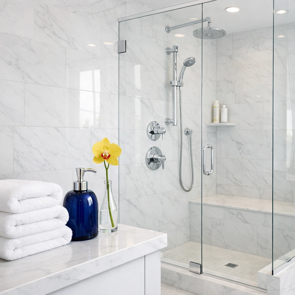 Pristine bathroom with marble tiles after a deep cleaning service in Lincoln, Massachusetts.