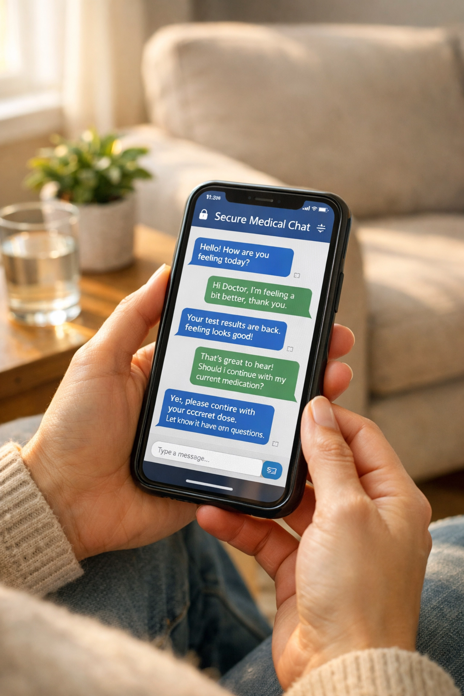Patient using telehealth app at home to chat with doctor about weight loss medication