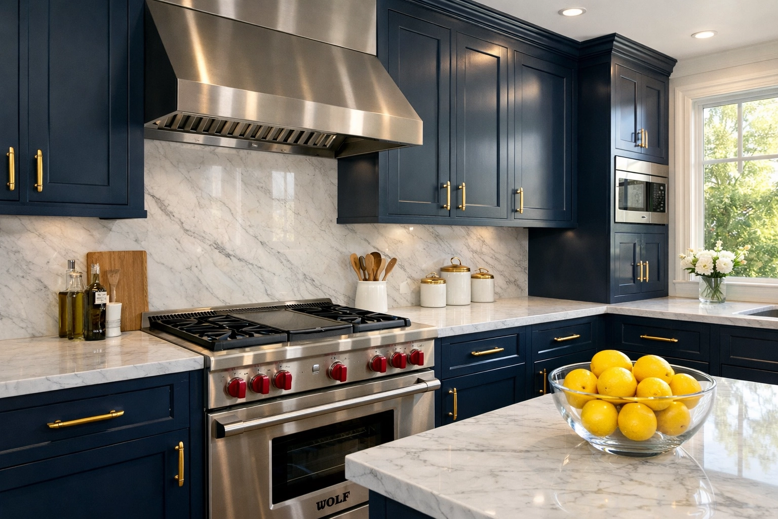 Pristine luxury kitchen in West Cambridge with polished marble counters after a deep house cleaning Cambridge MA.