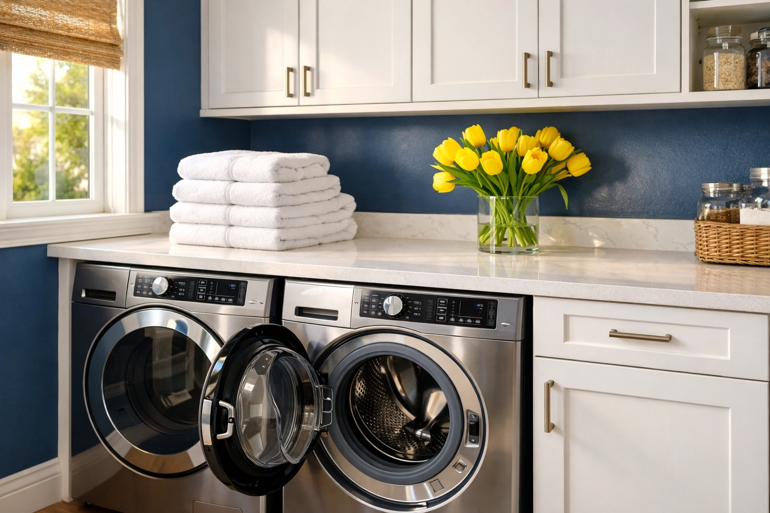 A bright laundry room with the washing machine door left open to prevent mold and maintain freshness.