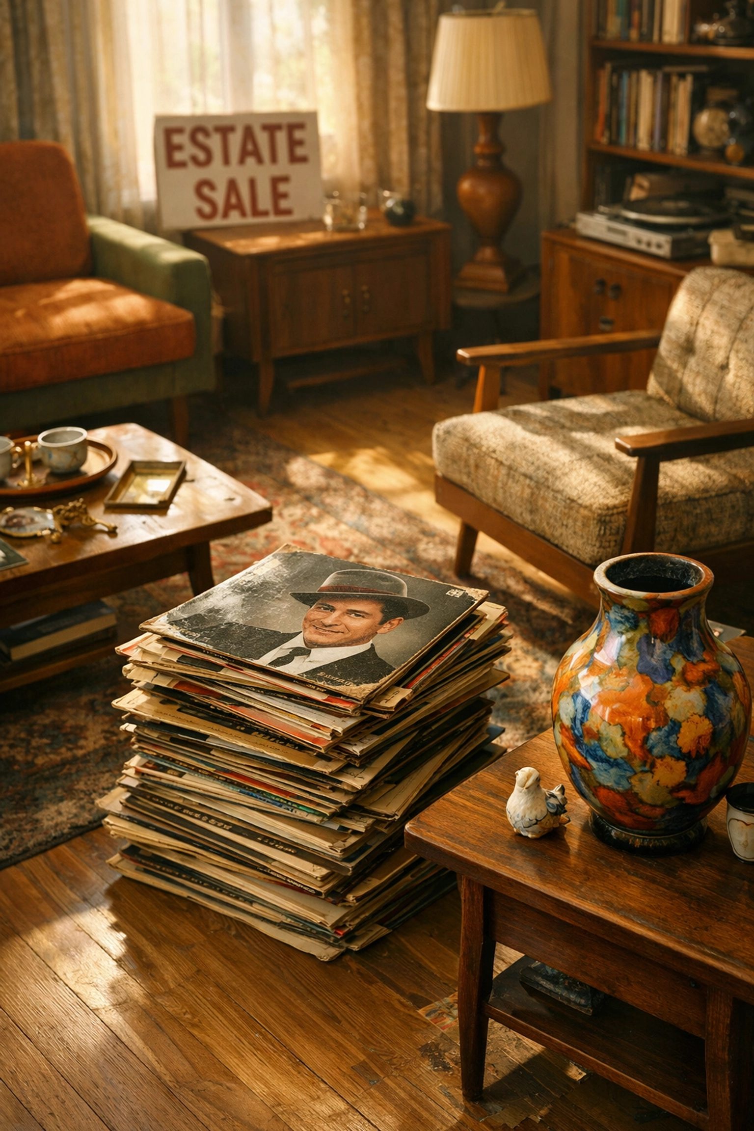 Sunlit vintage living room with mid-century furniture, ideal for profitable estate sale flipping.