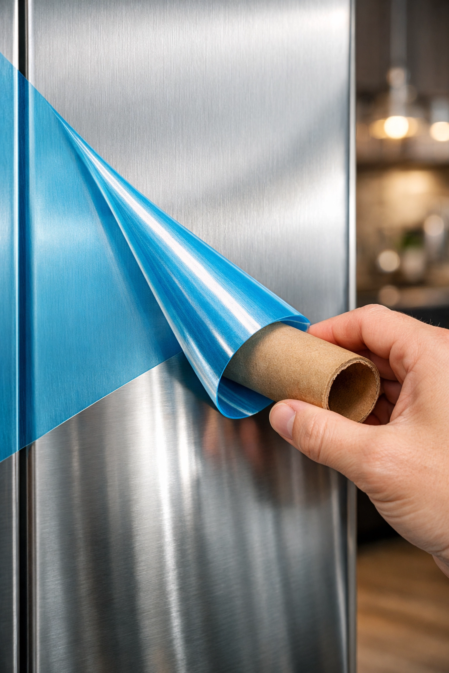 Peeling blue protective film from a stainless steel refrigerator using the cardboard tube technique.