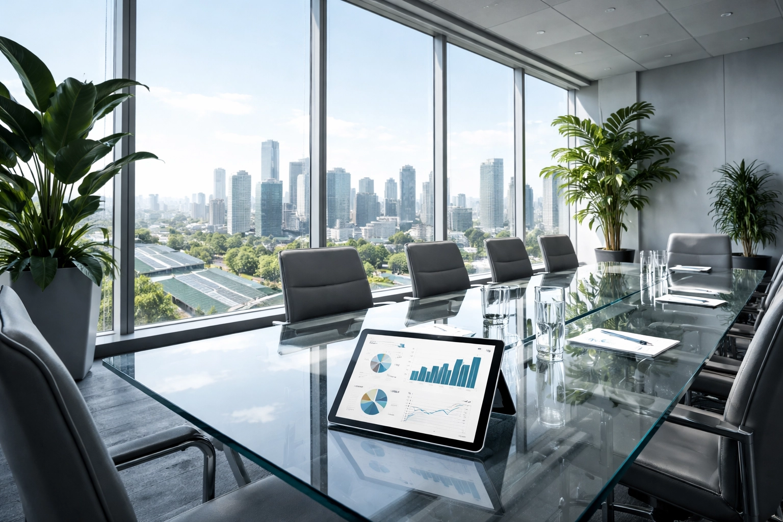 Modern boardroom with city view, green rooftops, and solar panels highlighting sustainable business leadership in 2026.