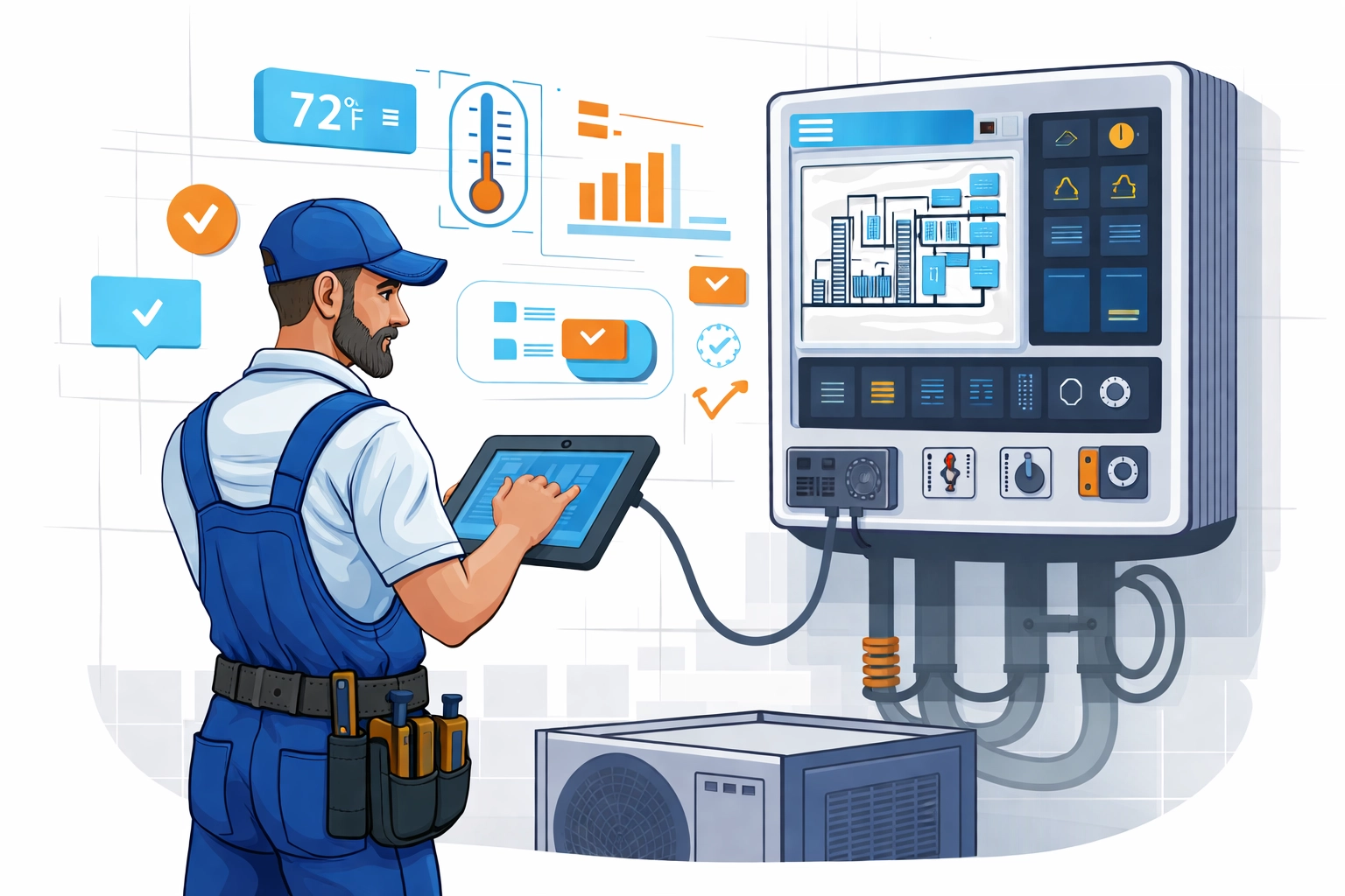 Vector image of an HVAC technician monitoring building automation controls to ensure efficient commercial HVAC performance.