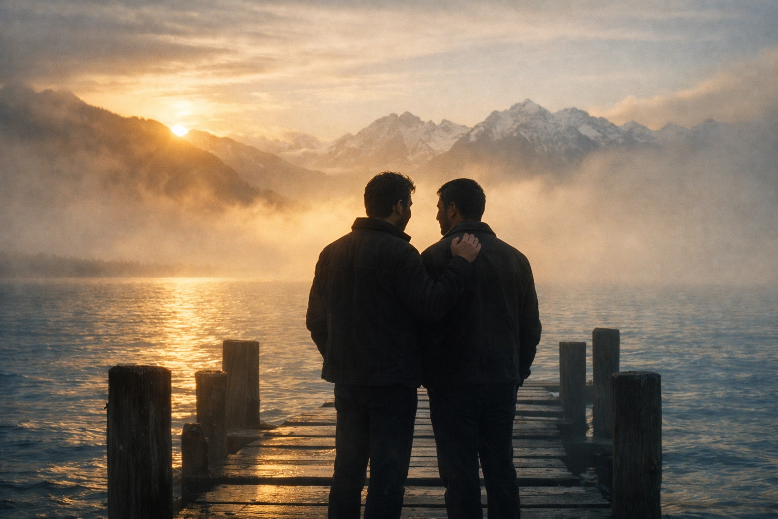 Two men share an intimate moment on Lake Geneva pier at sunrise with Swiss Alps in background - MM romance setting