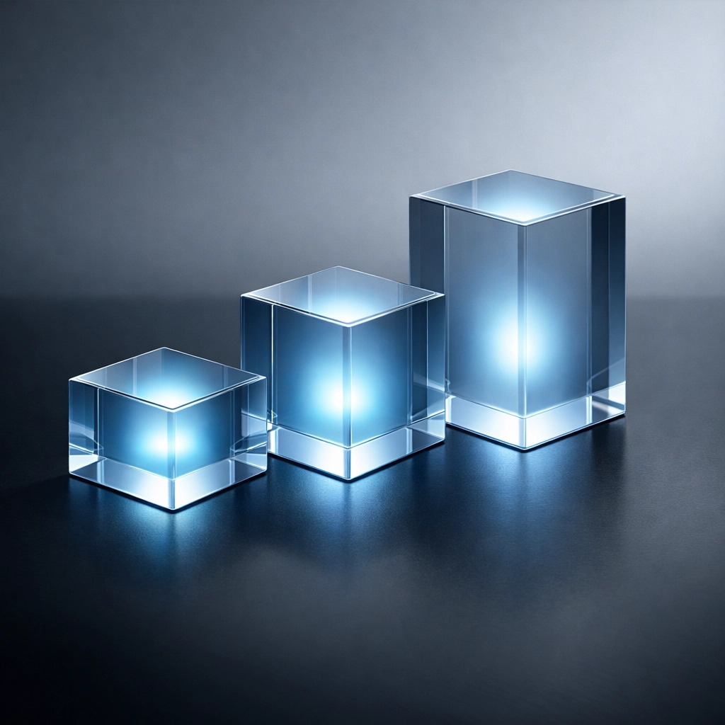 Three glowing glass blocks representing flexible pricing and structured data for predictive seller leads.