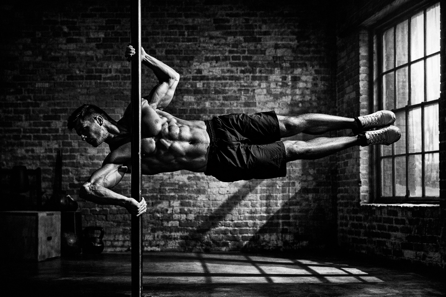 Athlete performing a human flag on a vertical bar, demonstrating core strength and home gym equipment.