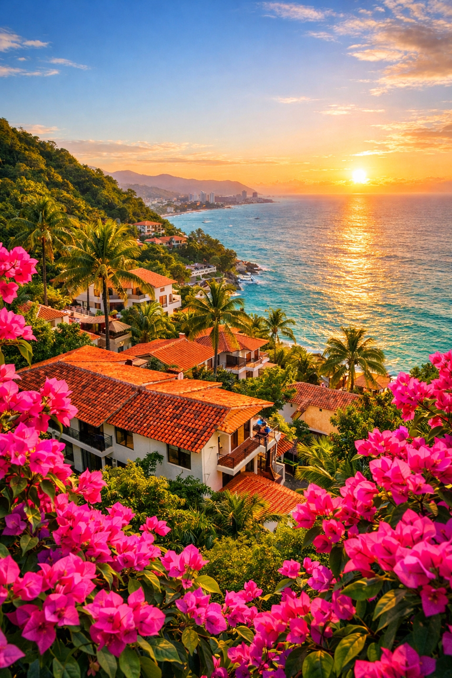 Scenic hillside view of Amapas Puerto Vallarta overlooking Banderas Bay and lush jungle near condo rentals.