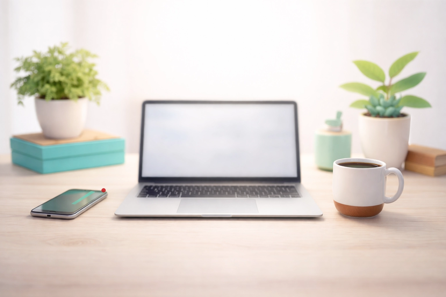 Pracovní stůl s otevřeným notebookem a Google recenzí, hrnek s poděkováním za hodnocení firmy.