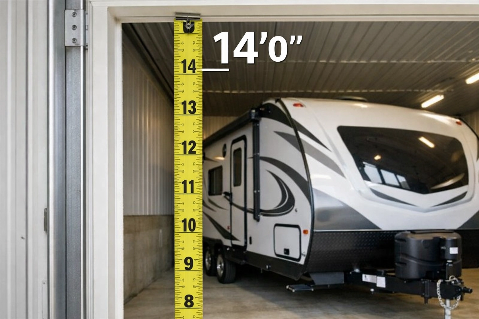 Measuring 14-foot clearance of RV garage door frame for proper vehicle fit Measuring 14-foot clearance of RV garage door frame for proper vehicle fit