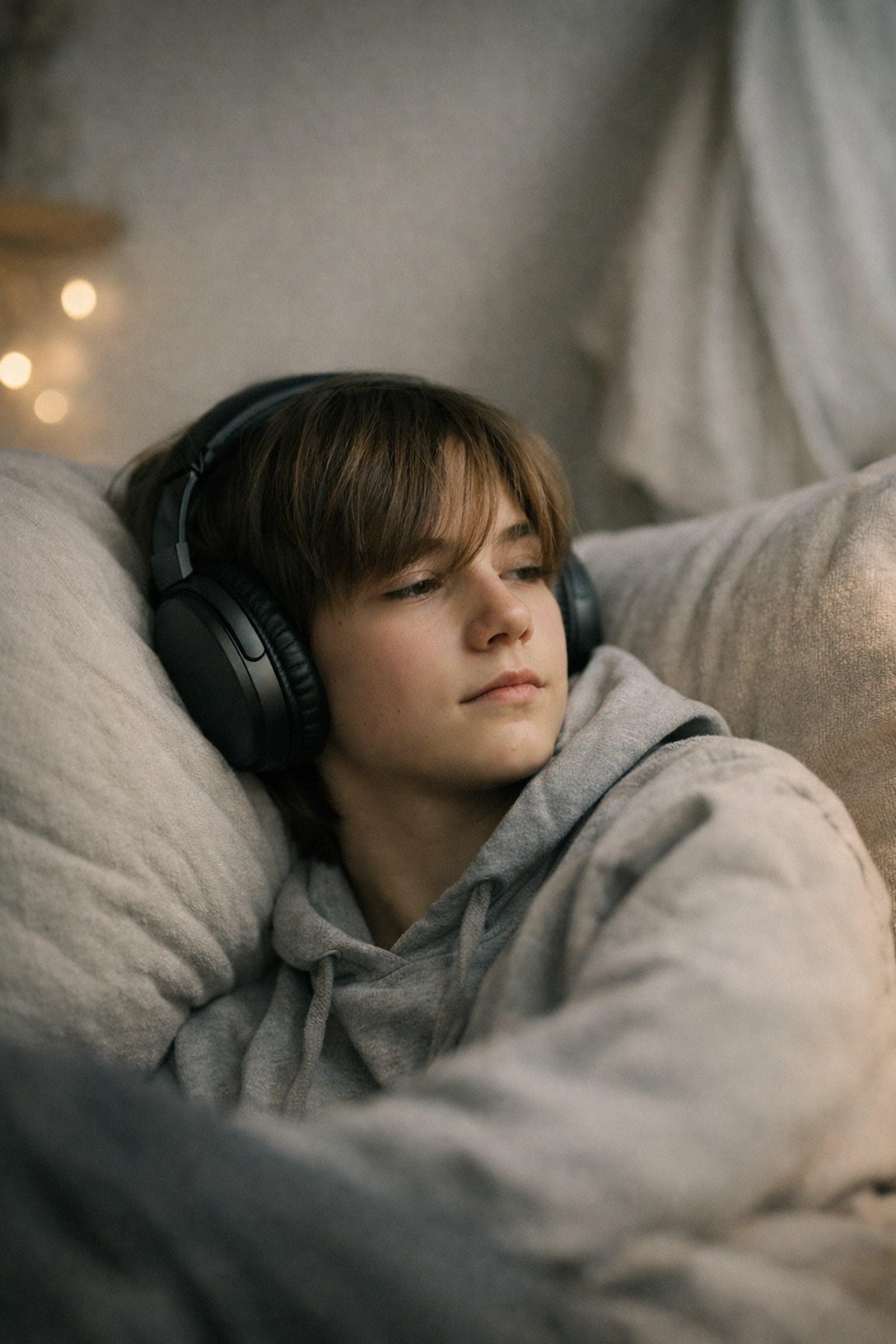 A neurodivergent teen using noise-canceling headphones for regulation in a calm sensory space.
