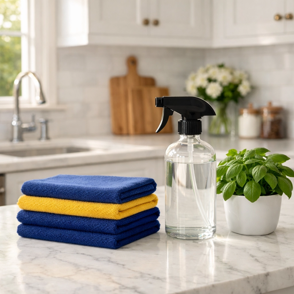 Eco-friendly Milton home cleaning supplies with microfiber cloths on a bright white marble kitchen counter.