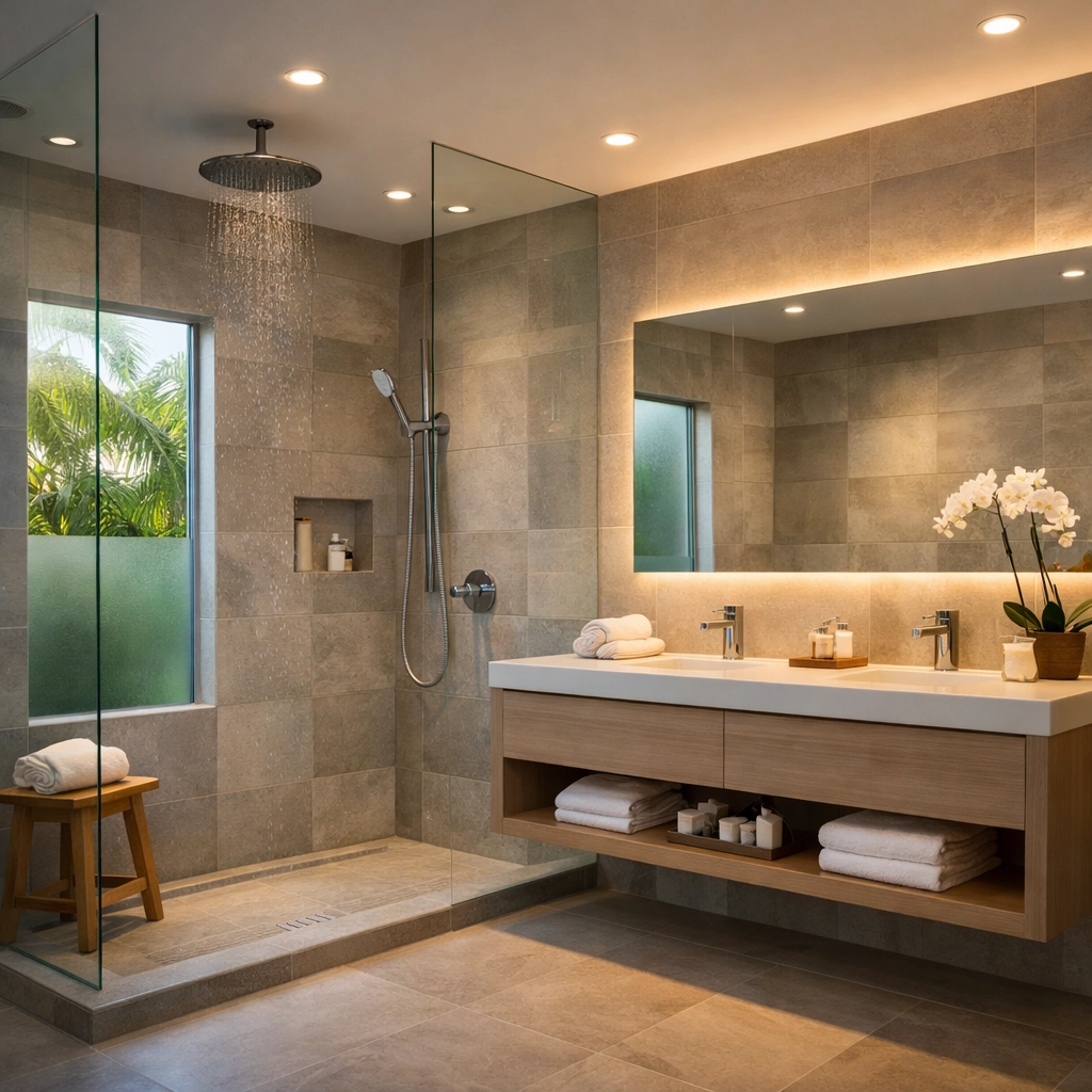 Luxury bathroom remodel Central Florida with spa-inspired tile installation and walk-in shower