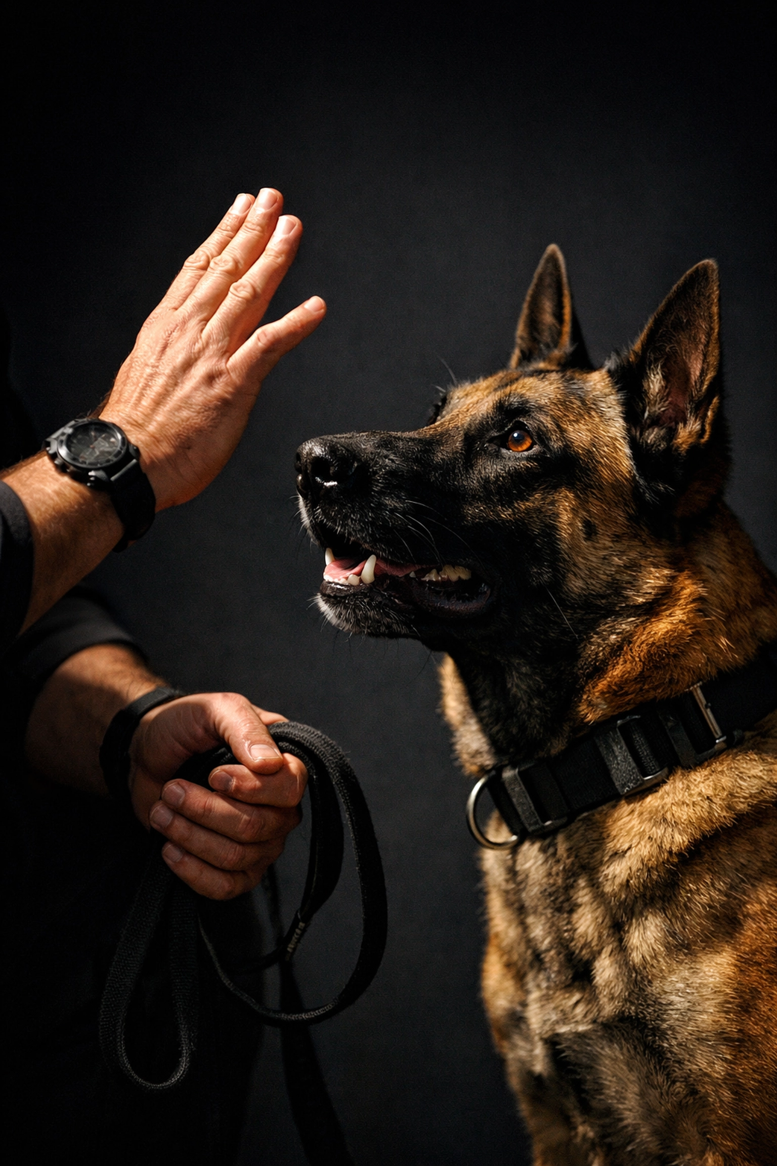 Professional dog trainer working closely with dog during behavioural modification exercise Professional dog trainer working closely with dog during behavioural modification exercise