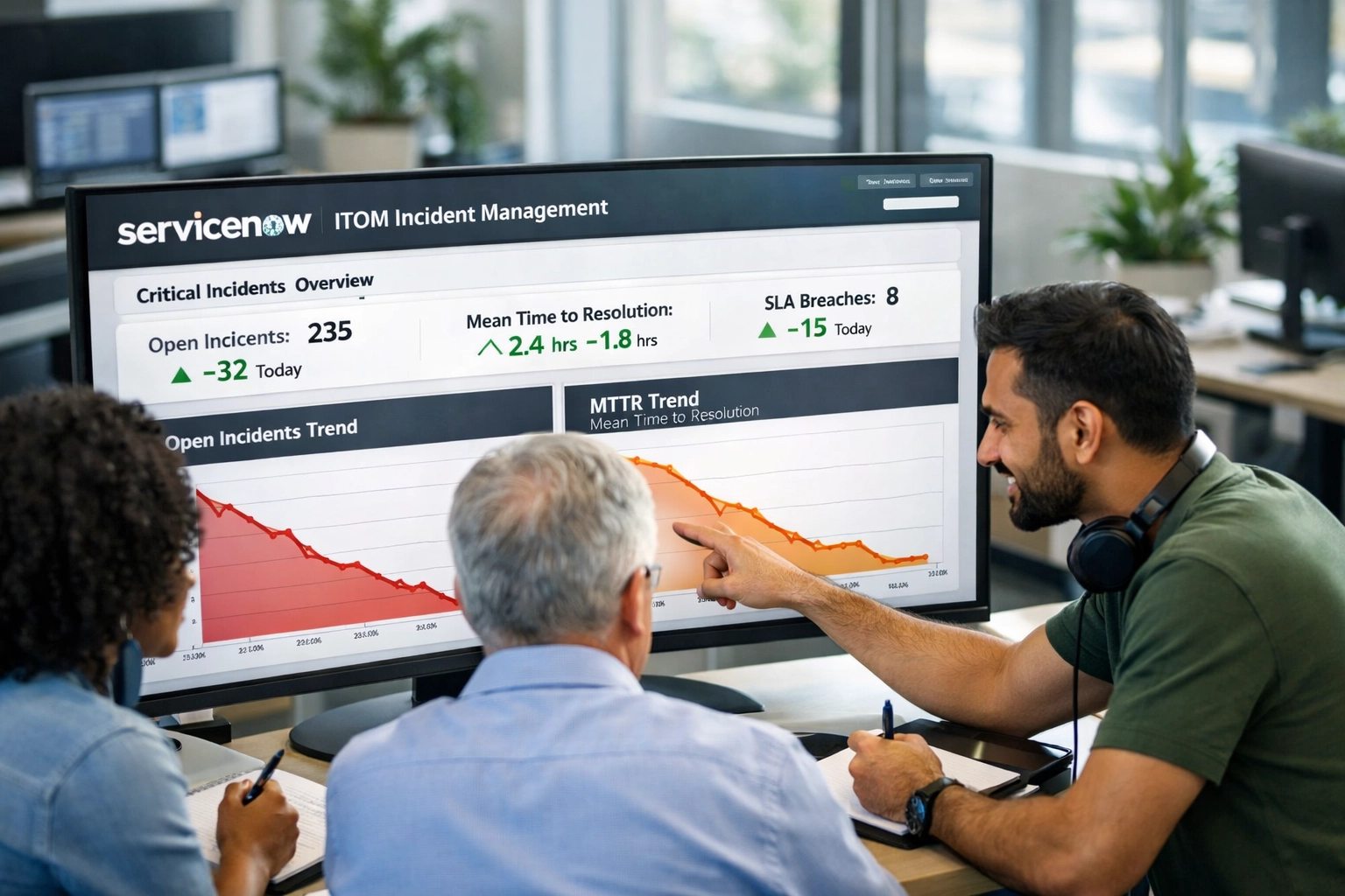IT operations team analyzing ServiceNow ITOM incident management metrics and resolution time improvements