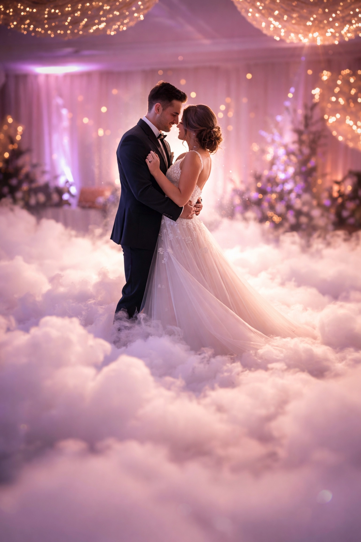 Bride and groom share a first dance surrounded by low-lying fog, creating a dreamy dancing-on-clouds wedding effect