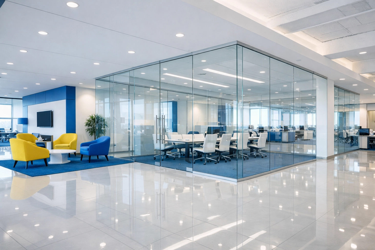Gleaming polished floors in a modern Bedford commercial office space following professional office cleaning.