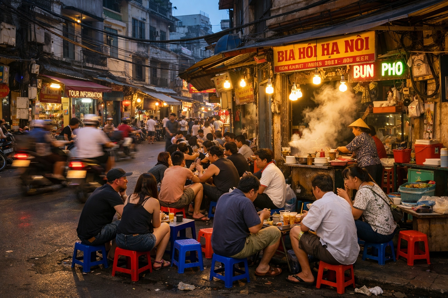 Diners on plastic stools at a bustling street food corner in Hanoi's Old Quarter at night.