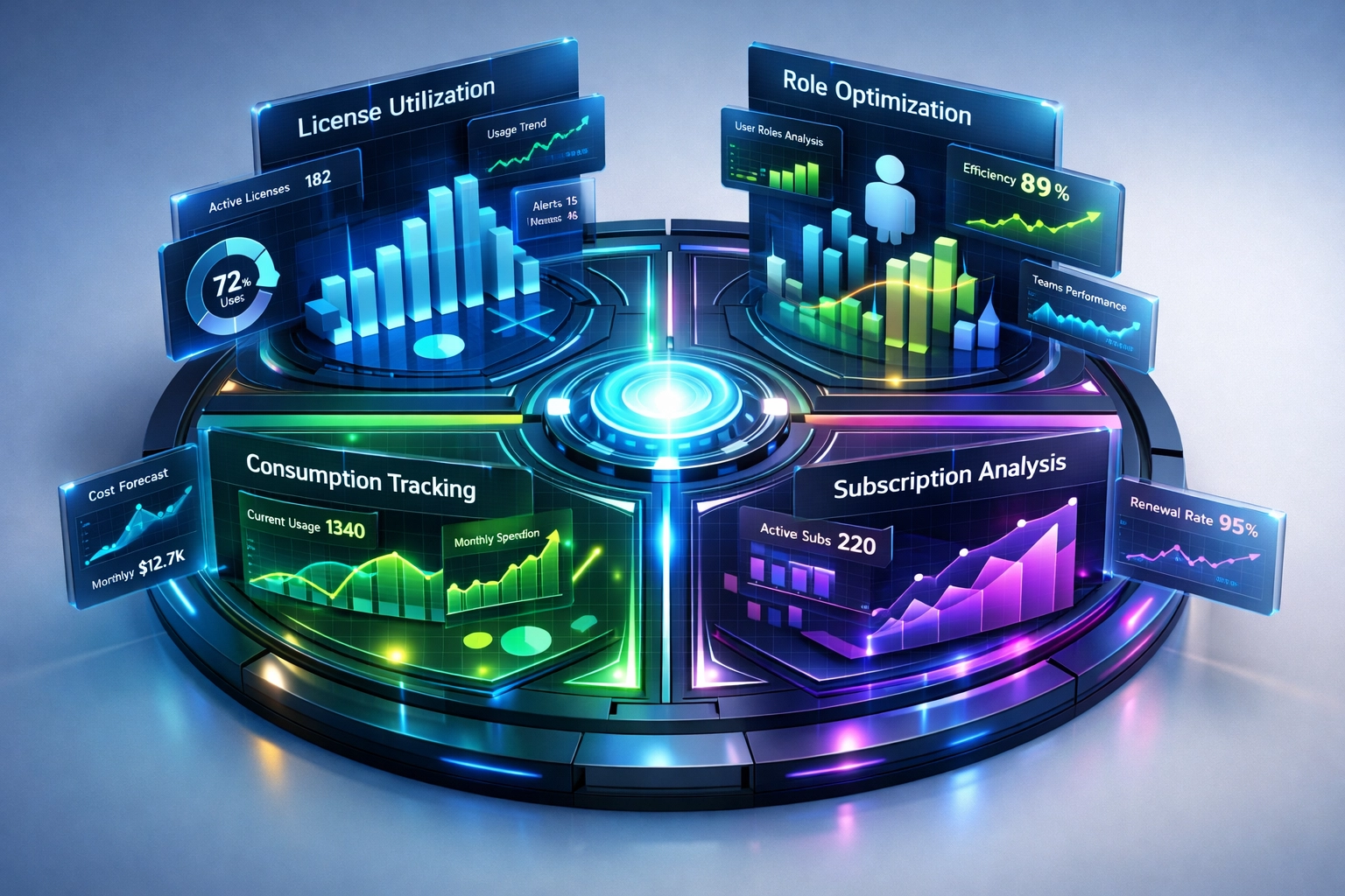 ServiceNow autonomous monitoring system showing license optimization and consumption tracking quadrants