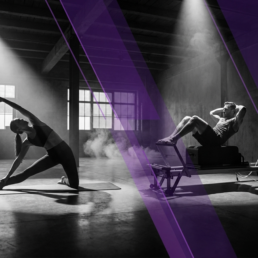 Heated Houston fitness studio showing one person in a deep yoga stretch and another in a Hot Pilates core exercise, showcasing the energy and intensity of both classes.