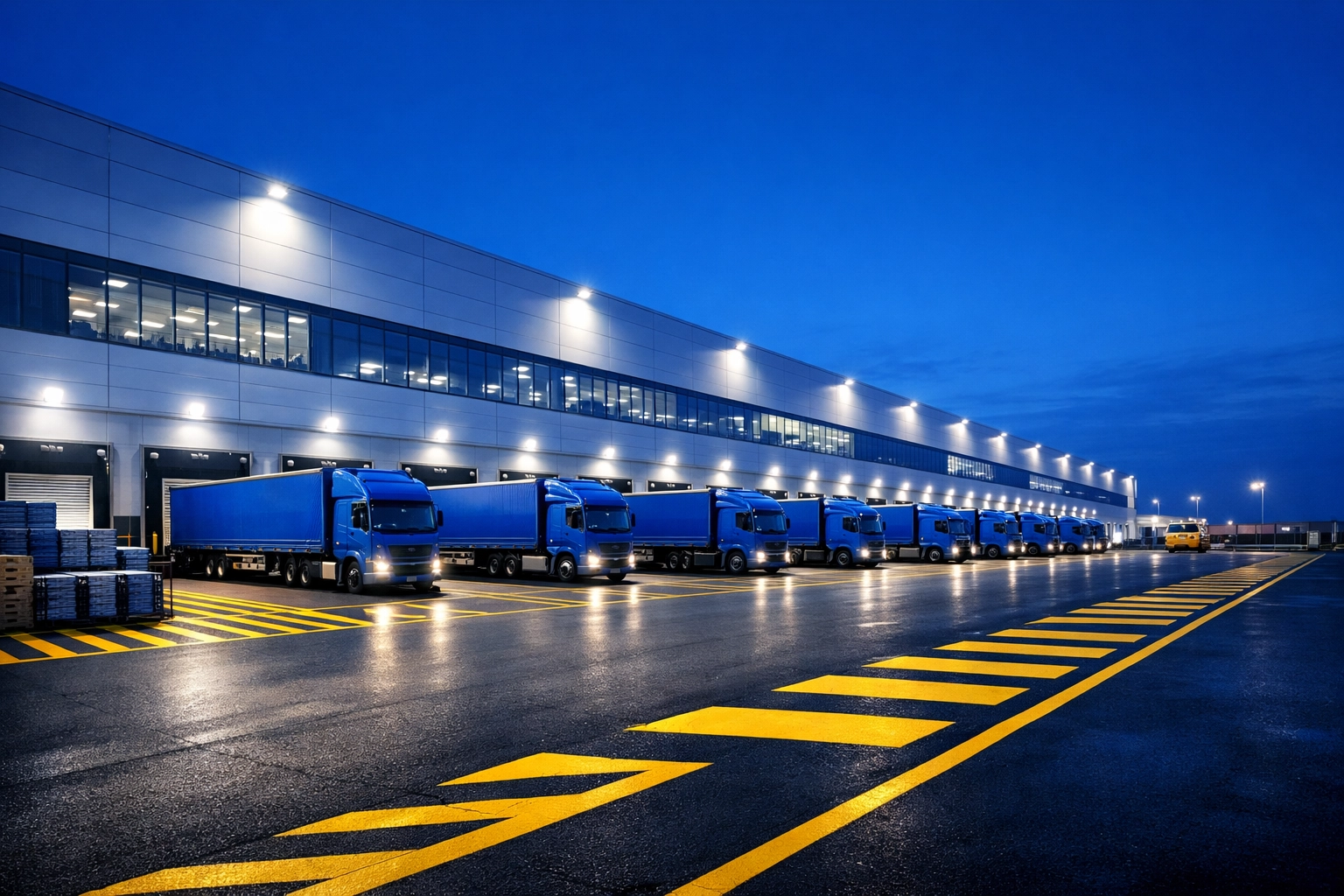 Exterior view of a clean and organized modern distribution center with illuminated loading docks.