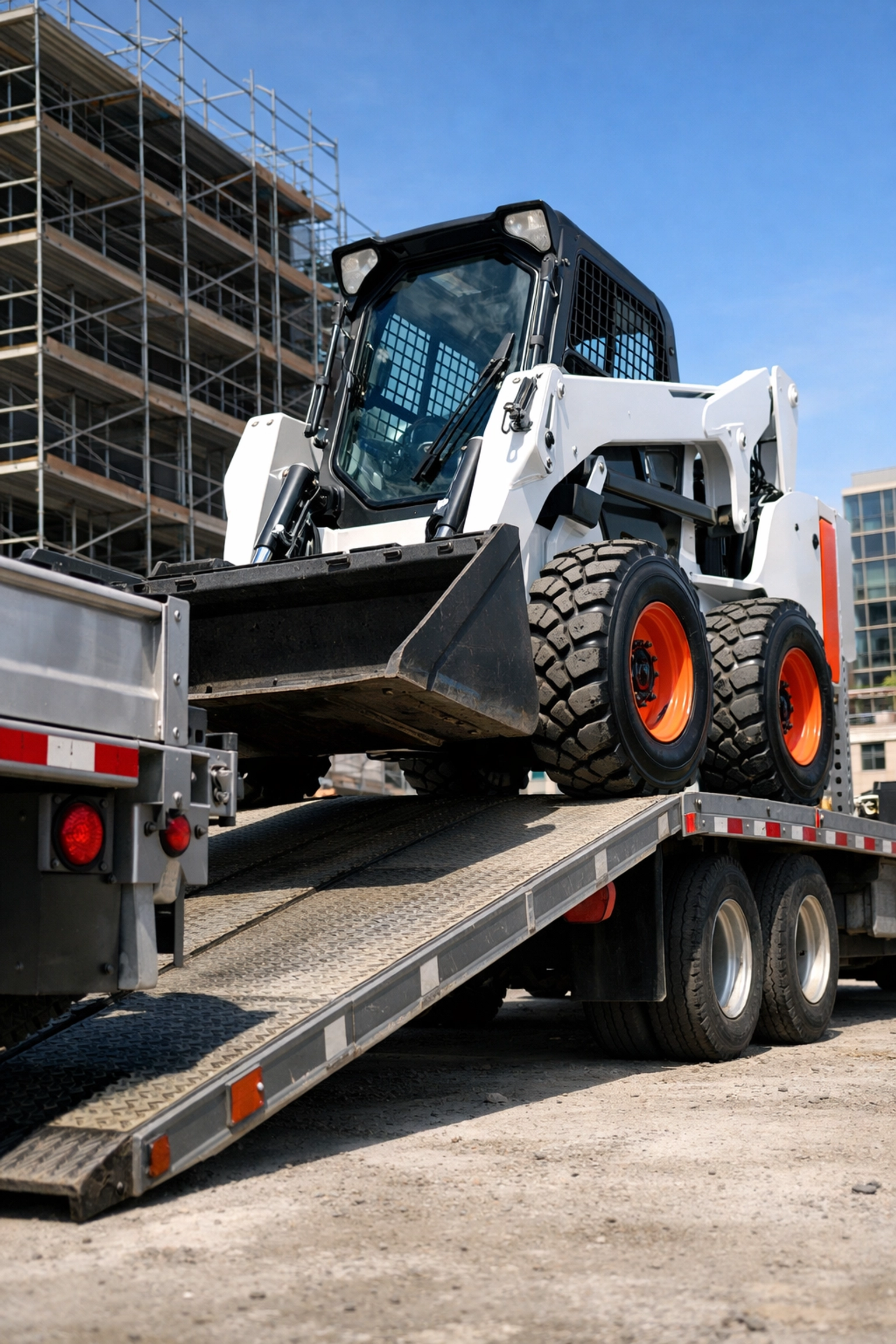 Skid steer loader being unloaded at a construction site for rented and mobile asset protection.