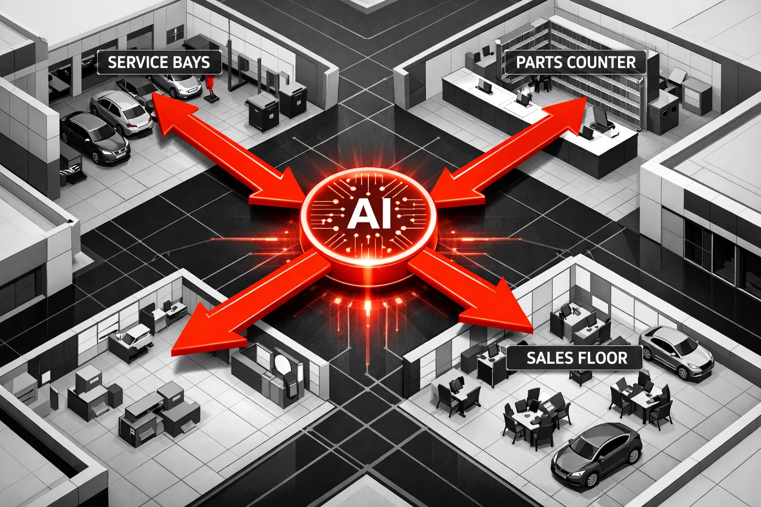 AI call routing system directing dealership calls to service, parts, and sales departments