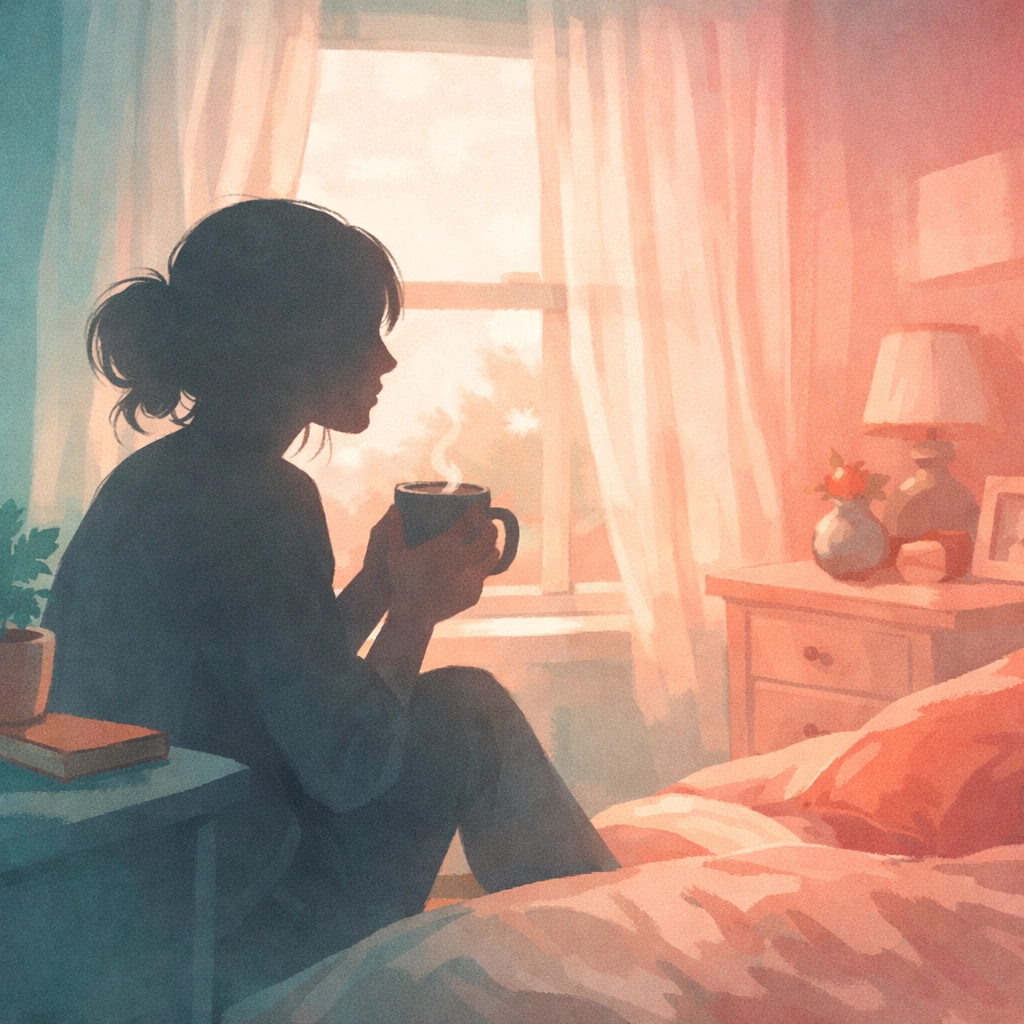 Woman in quiet reflection with coffee, reclaiming identity outside of motherhood