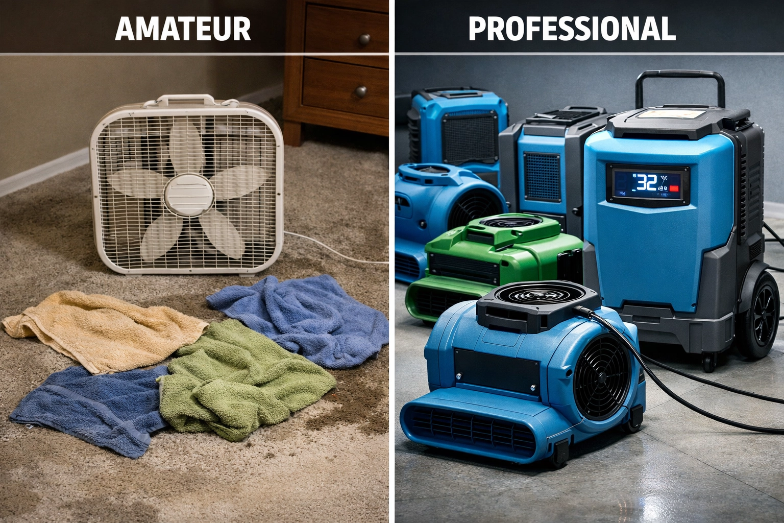 Comparison of household fans versus professional water damage restoration equipment and dehumidifiers