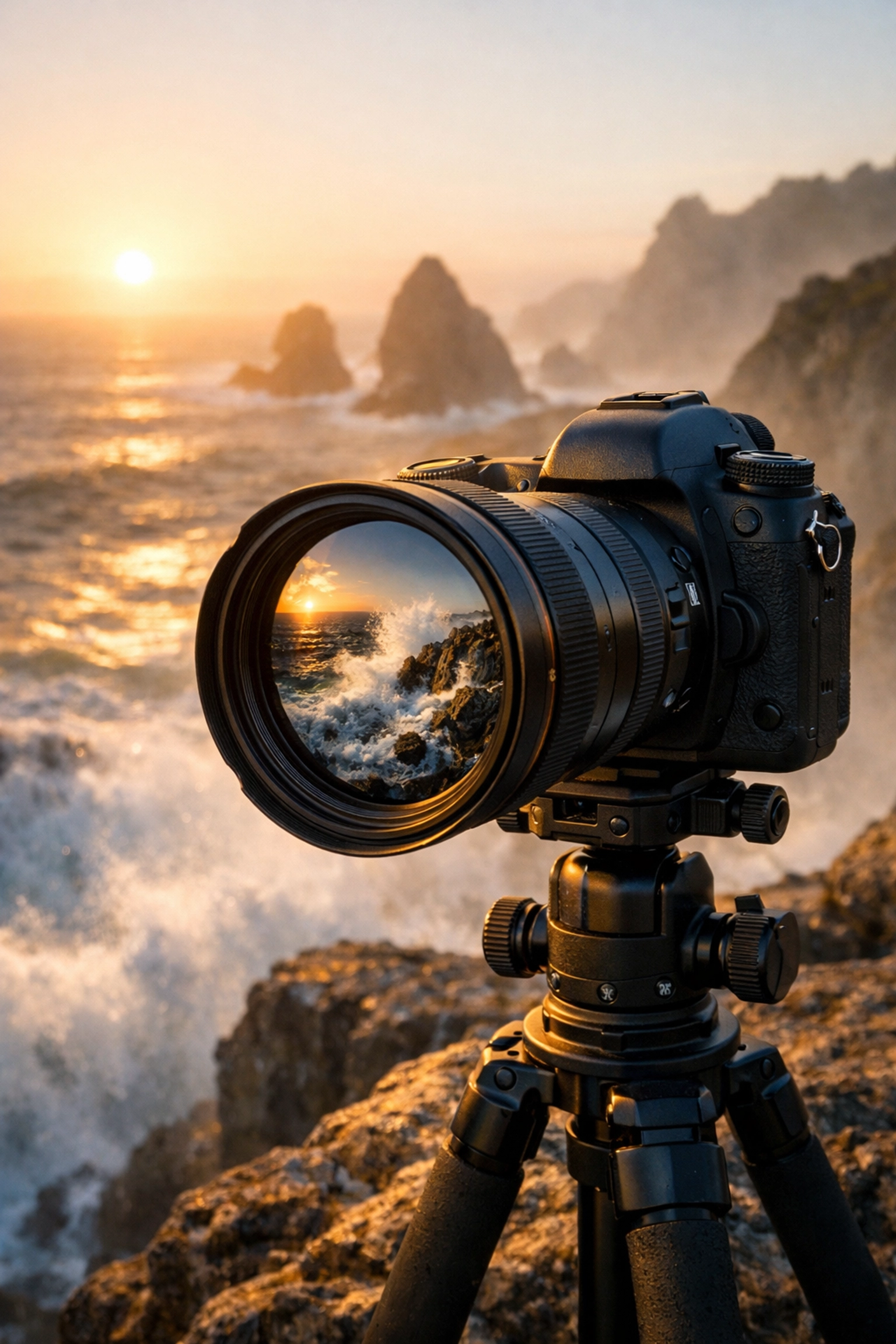 Professional camera on a tripod at a sunset cliff side for high-end landscape photography composition.